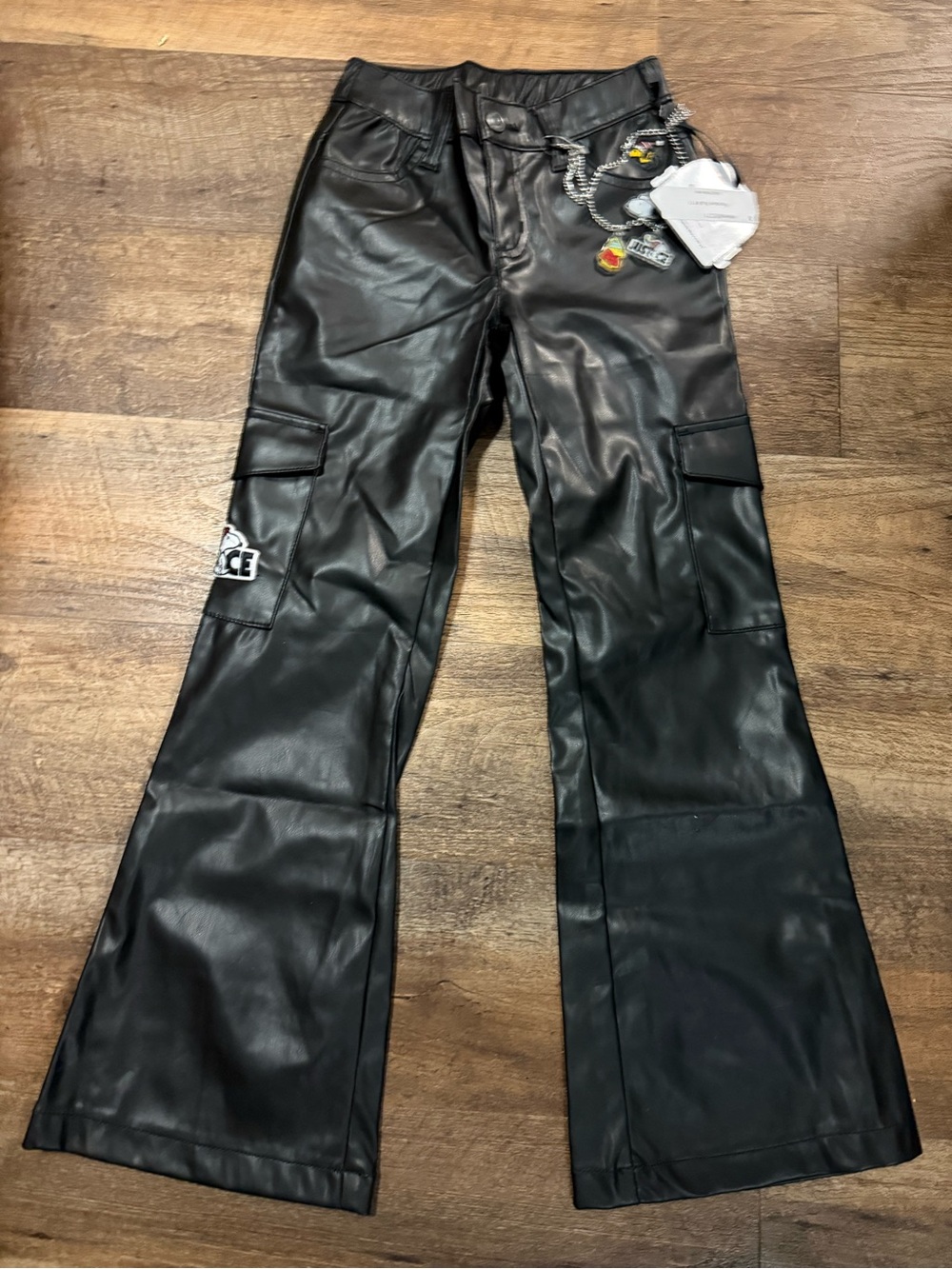Justice Black Faux Leather Cargo Flare Jeans